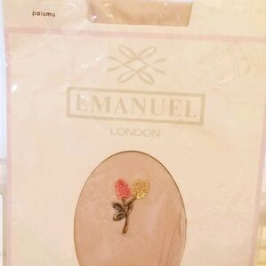 Vintage 1980s Emanuel London Embroidered Floral Ankle Nude Tights Pantyhose S